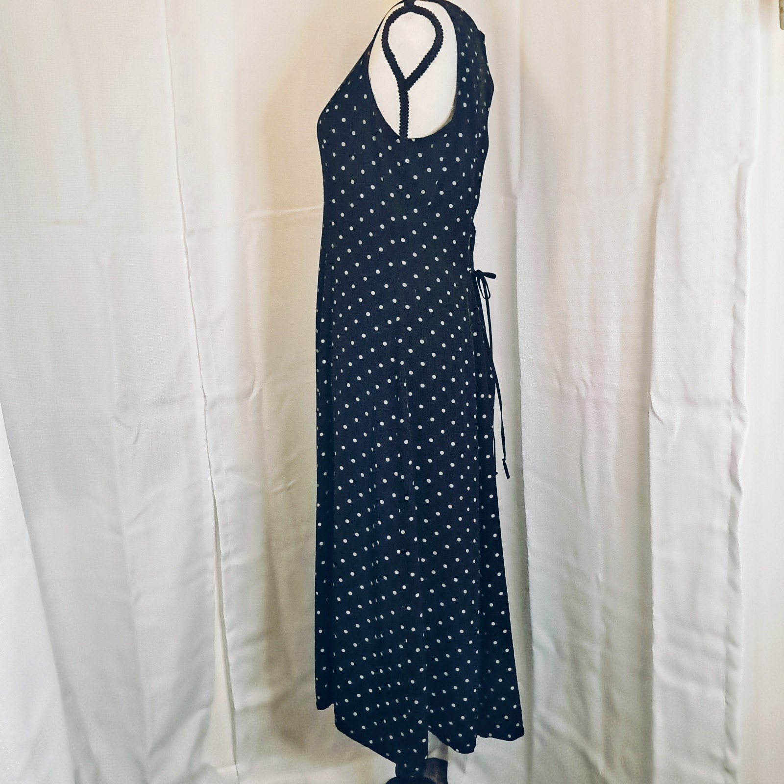 Vtg 90s Casual Corner Black Cream Polkadot Midi Dress Corset-Style Back 11/12