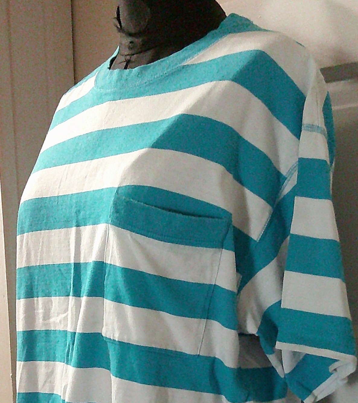 80’s PACER SS Turquoise Stripe Pocket T-Shirt Top Blouse M