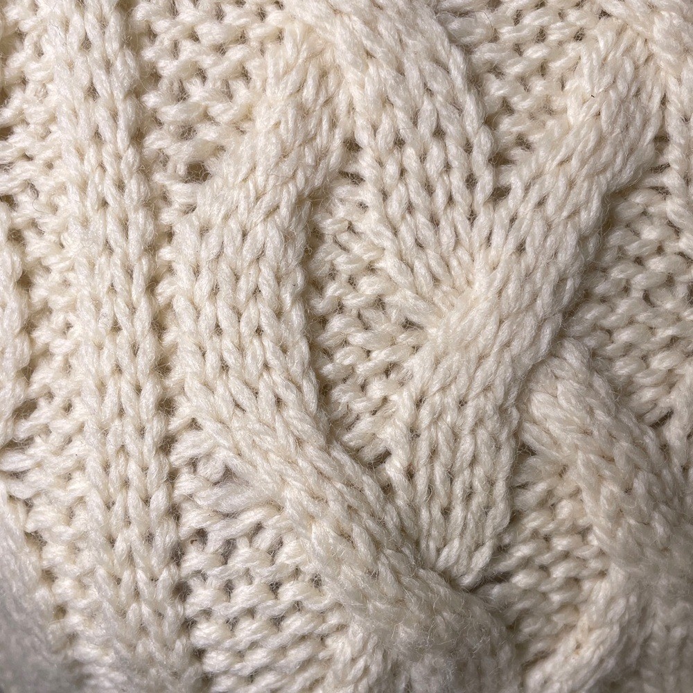 Vintage Aran Crafts Cream Cable-Knit Turtleneck Sweater Navy Trim Merino Wool