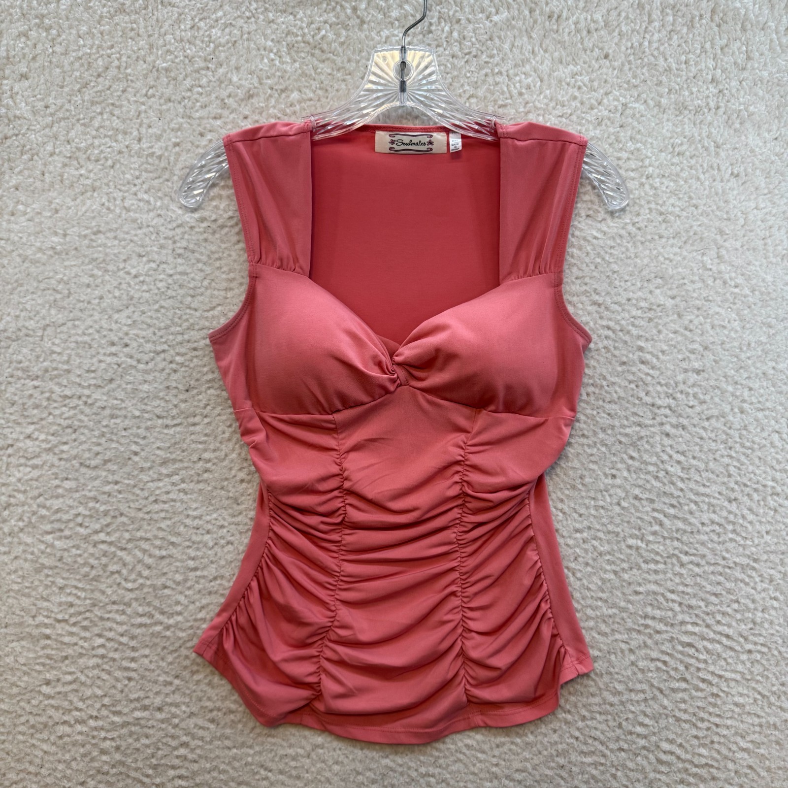 Y2K Vintage Top Small Salmon Pink Slinky Stretch Ruched Padded Boho Fairy Grunge