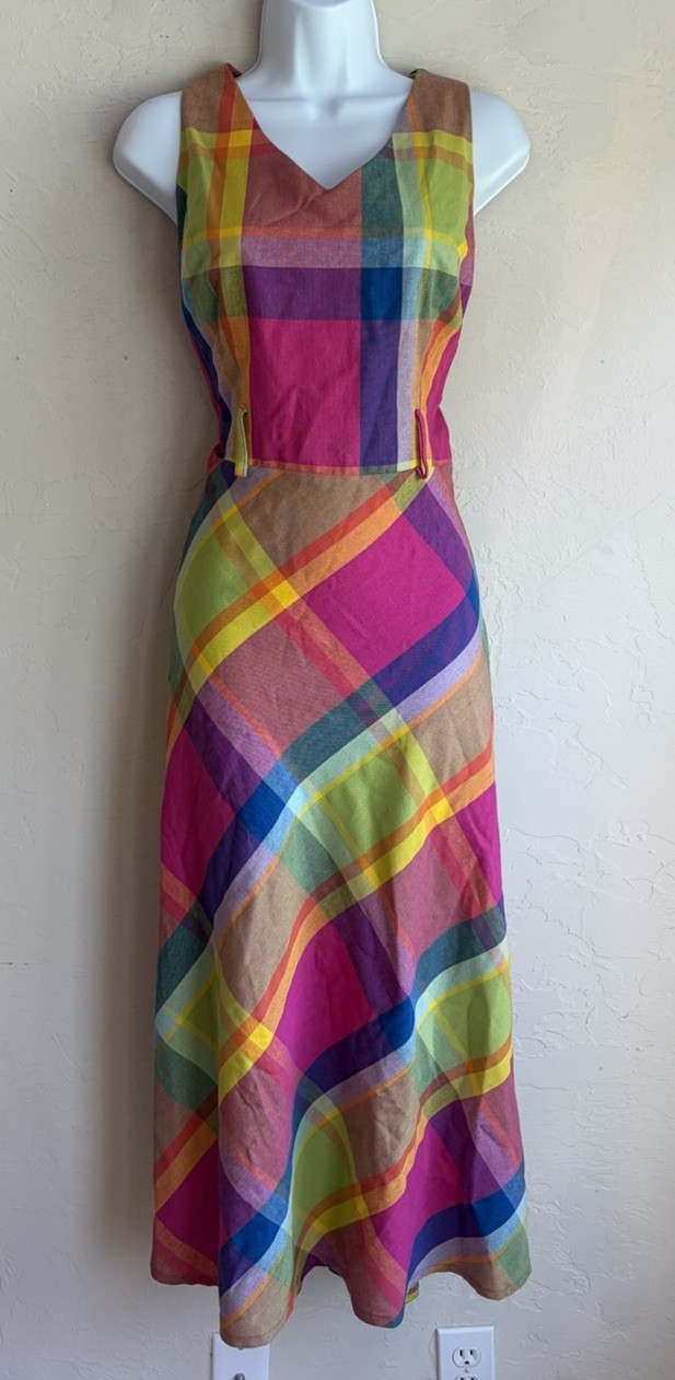 Vtg 90s Plaid A Line Midi Dress 14 Preppy Maximalism Sundress Mod Linen Retro