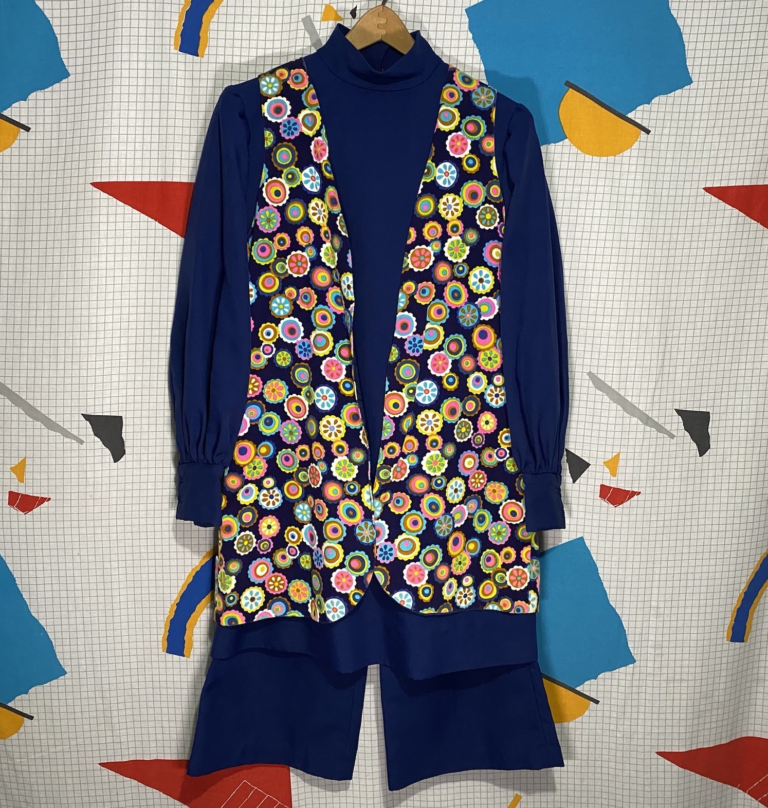 Vintage 60s Mod Dress Vest Bell Bottom Pants Set Barkcloth Smock Geometric GoGo