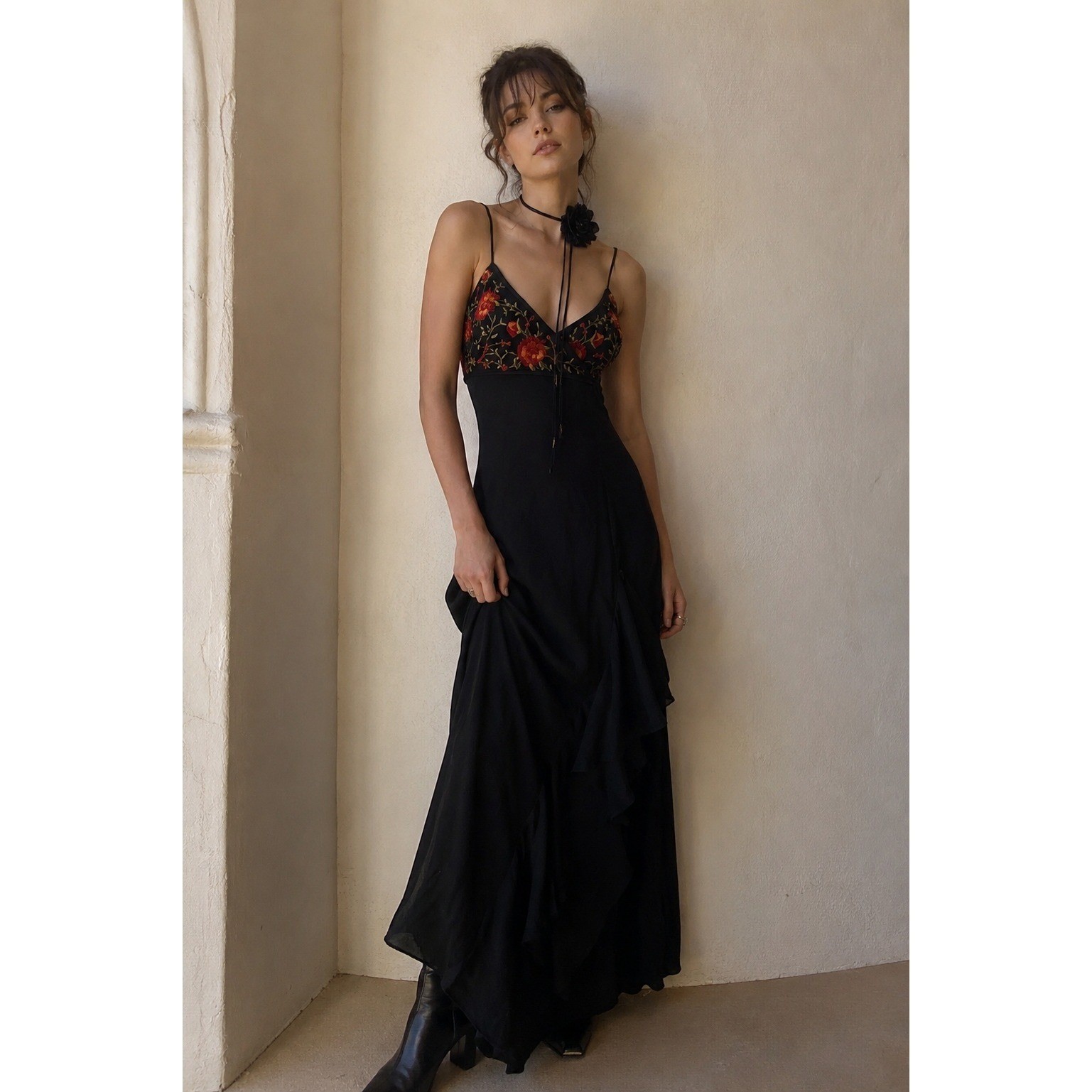 Vintage 90s De Laru Black Floral Embroidered Maxi Slip Dress Formal