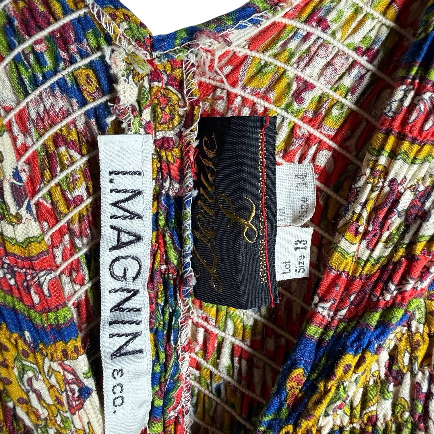 Vintage 70s Denise L I Magnin Boho Smocked Paisley Floral Maxi Dress M/L Size 13