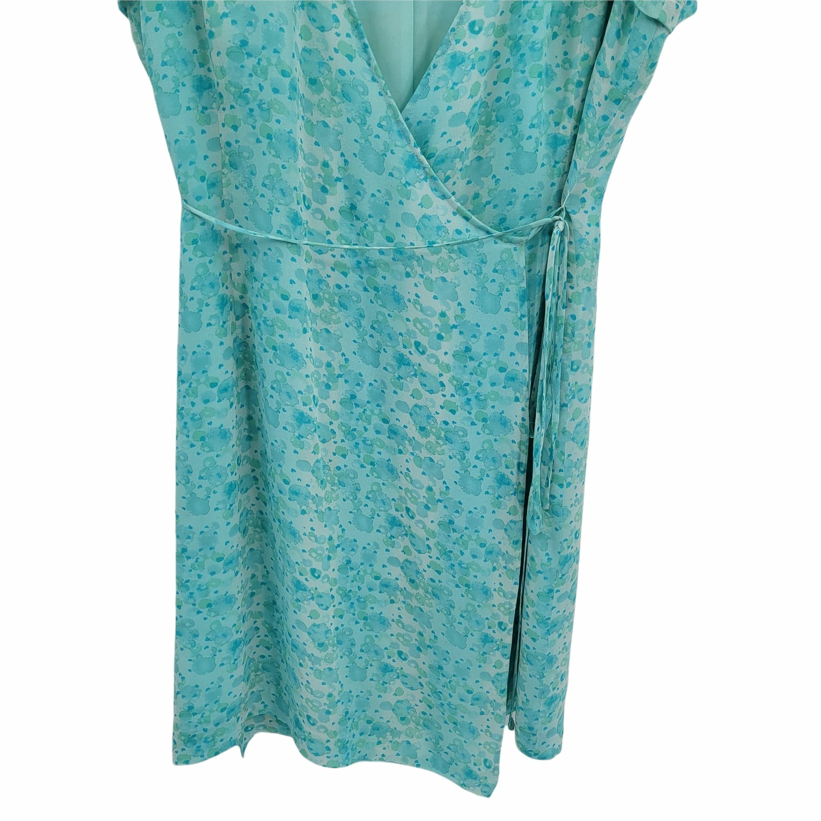 90’s Wrap Dress 10 Pastel Aqua Blue Ditzy Floral Short Sleeve Tea Length V-neck