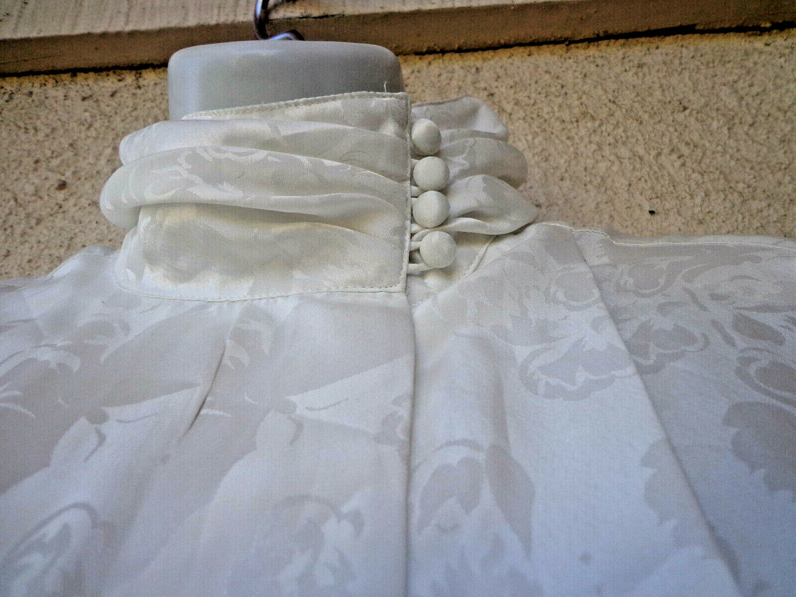Vintage 80s White Satin Russian Cossack Style Blouse High Collar Pleated Front