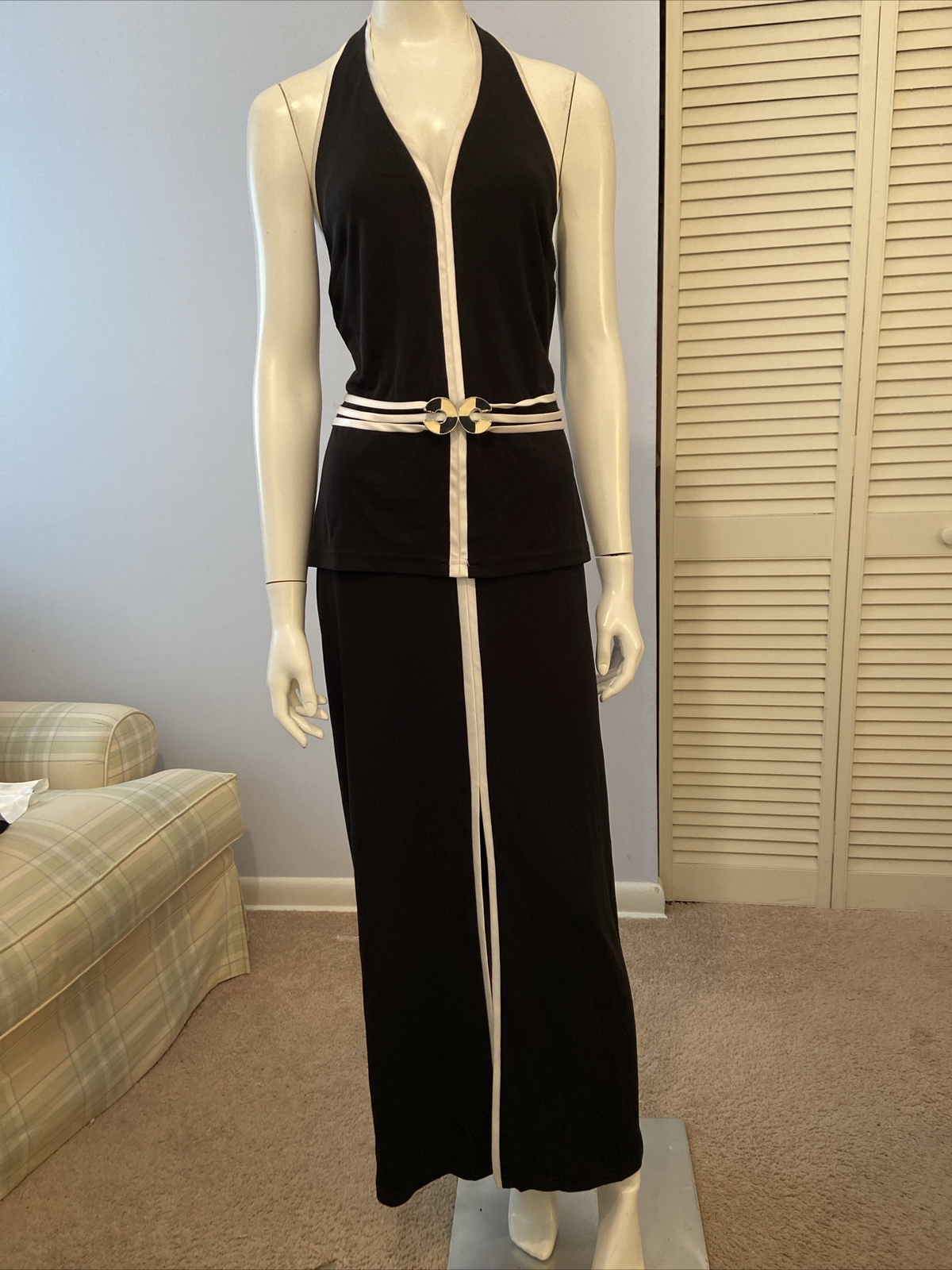 Vtg CHIC JOSEPH RIBKOFF 2 PC Halter Top Skirt Black With White Trim Slit Sz 10