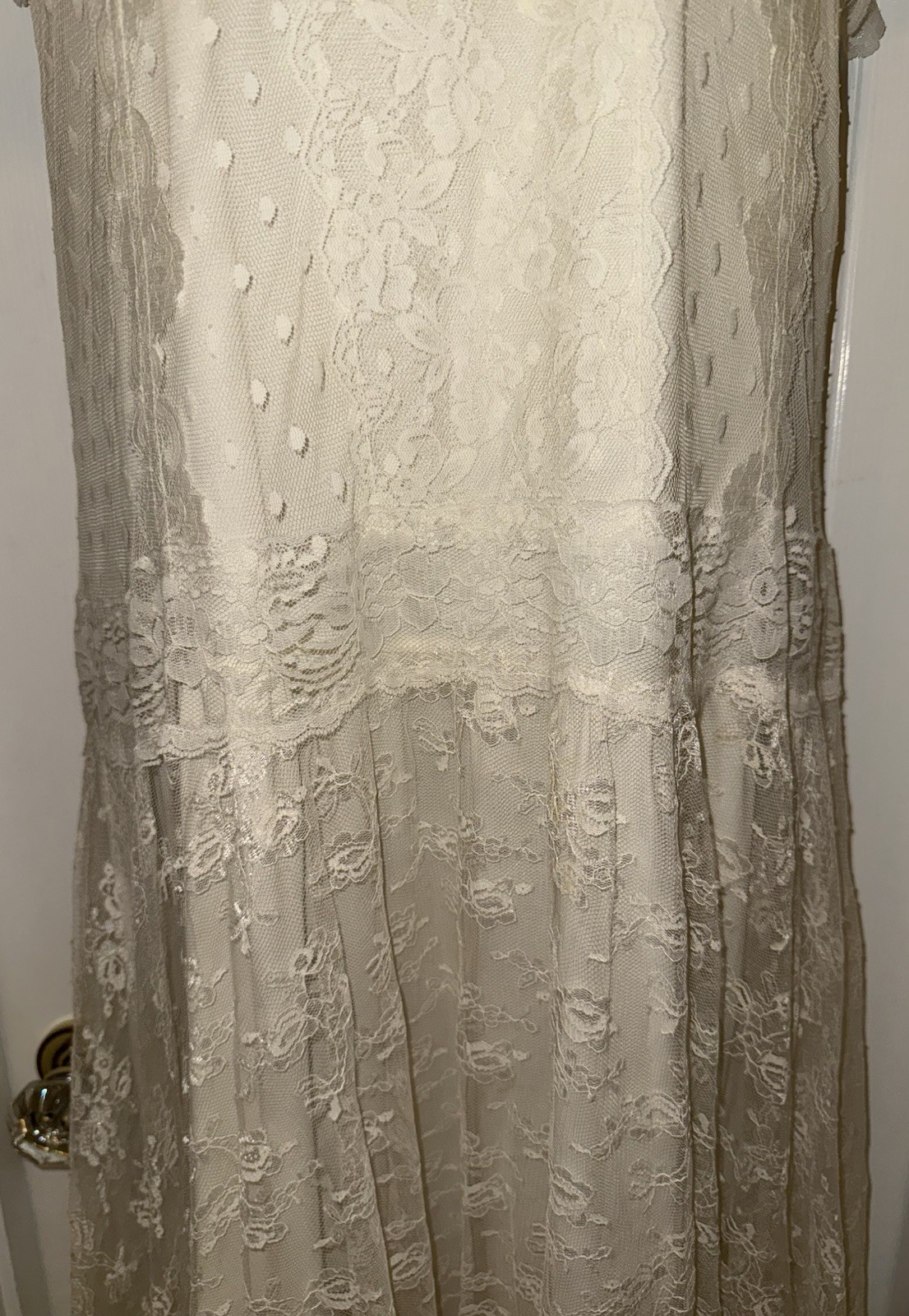 WOMENS VINTAGE VICTORIAN LACE MAXI IVORY OFF WHITE BOHO WEDDING DRESS 15 / 16