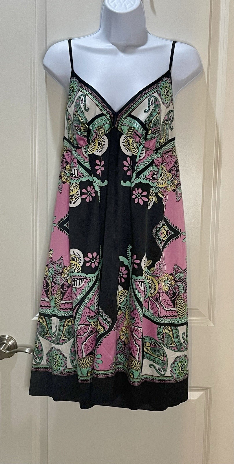 Vintage Y2K Ice Pink & Black Satin Slip Dress Paisley Spaghetti Straps Size 14