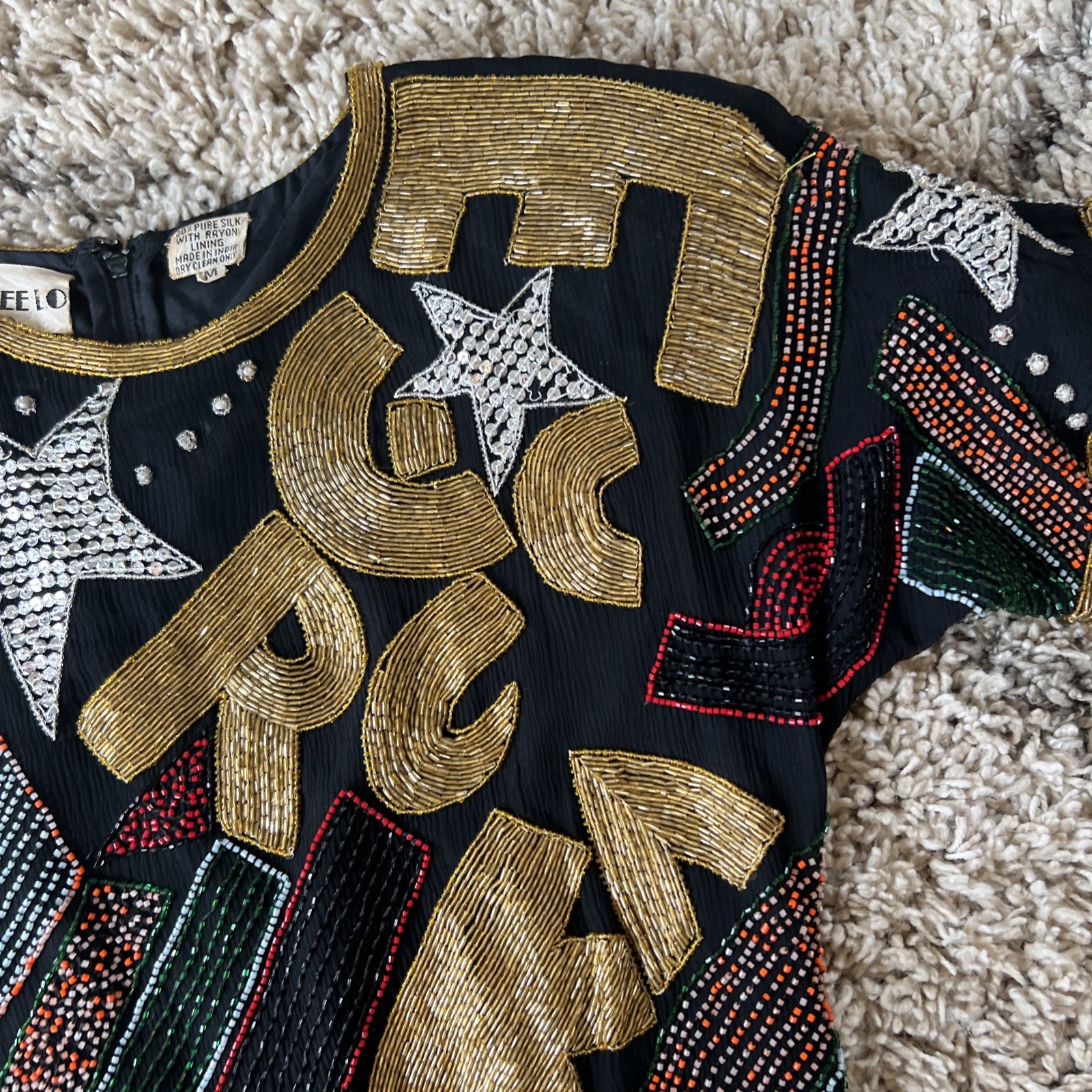 Vintage Retro Rainbow Sequin Alphabet Dress Glam Rocker Party Silk M Beaded