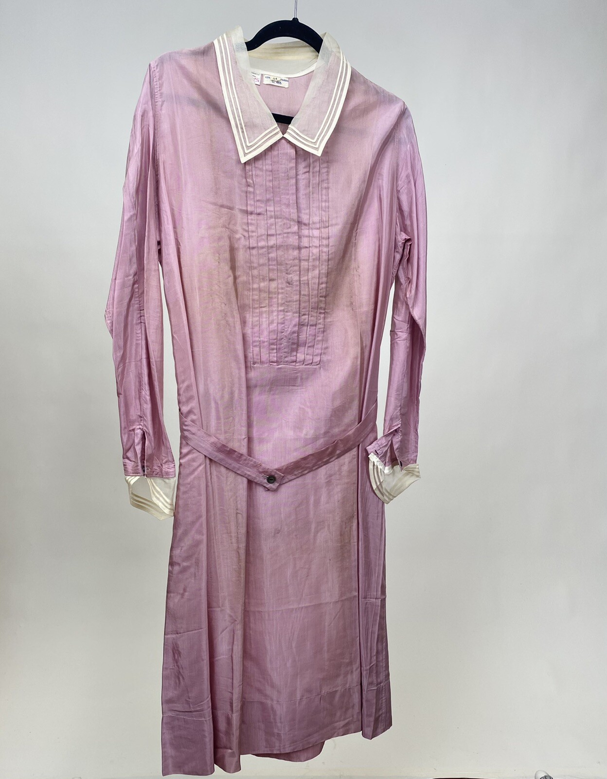 Vintage 1930s Pink Silk Uniform Dress with White Gauze Trims Gimbel Brothers