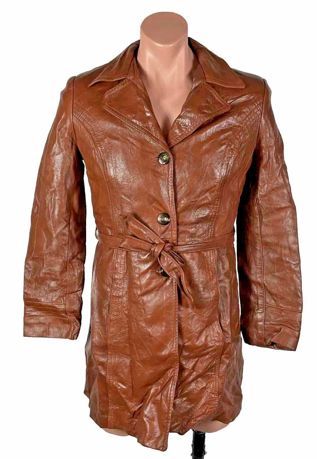 vtg 1970s 1980s Berman long MIDI leather Lined Trench Spy Coat women belt S/M