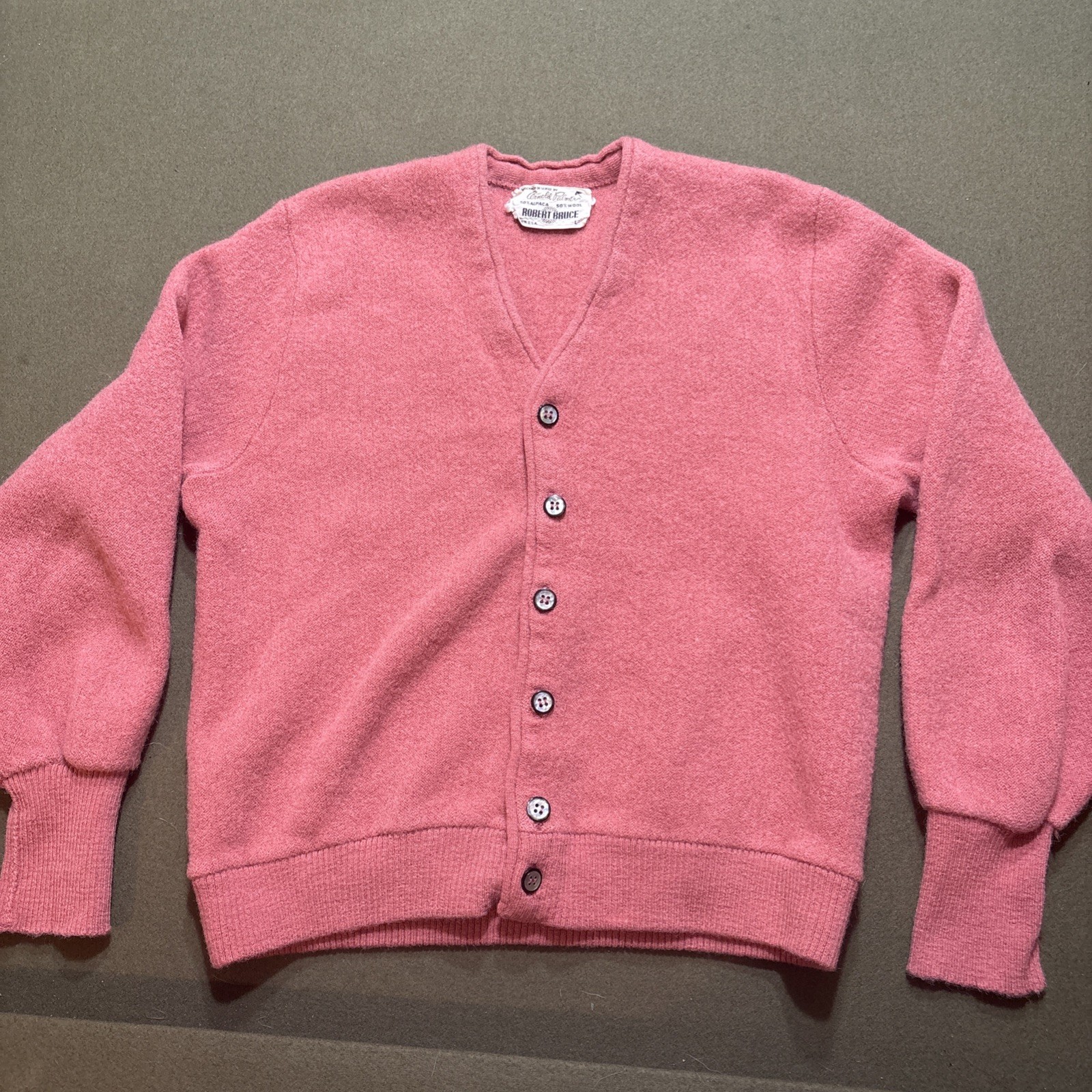 Vtg 60s Robert Bruce Arnold Palmer Cardigan Sweater 50% Alpaca 50% Wool Pink L
