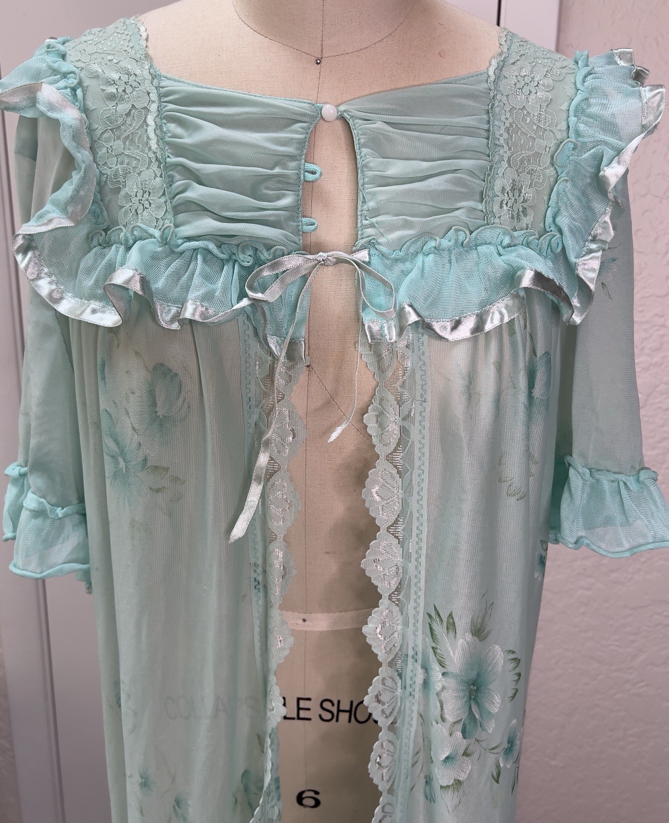 Vintage 1960s sheer mint peignoir robe, Fairycore, Whimsical, Soft Girl