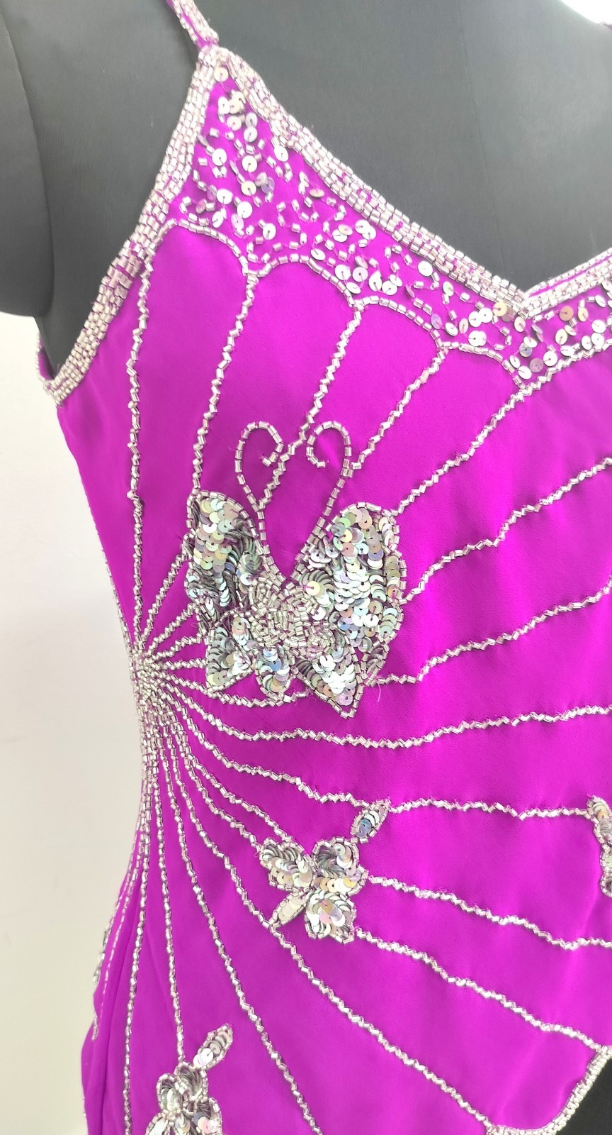 Vintage Y2K Bead Embroidery Costume Sequin Top Blouse Sheer Purple Silver Tunic