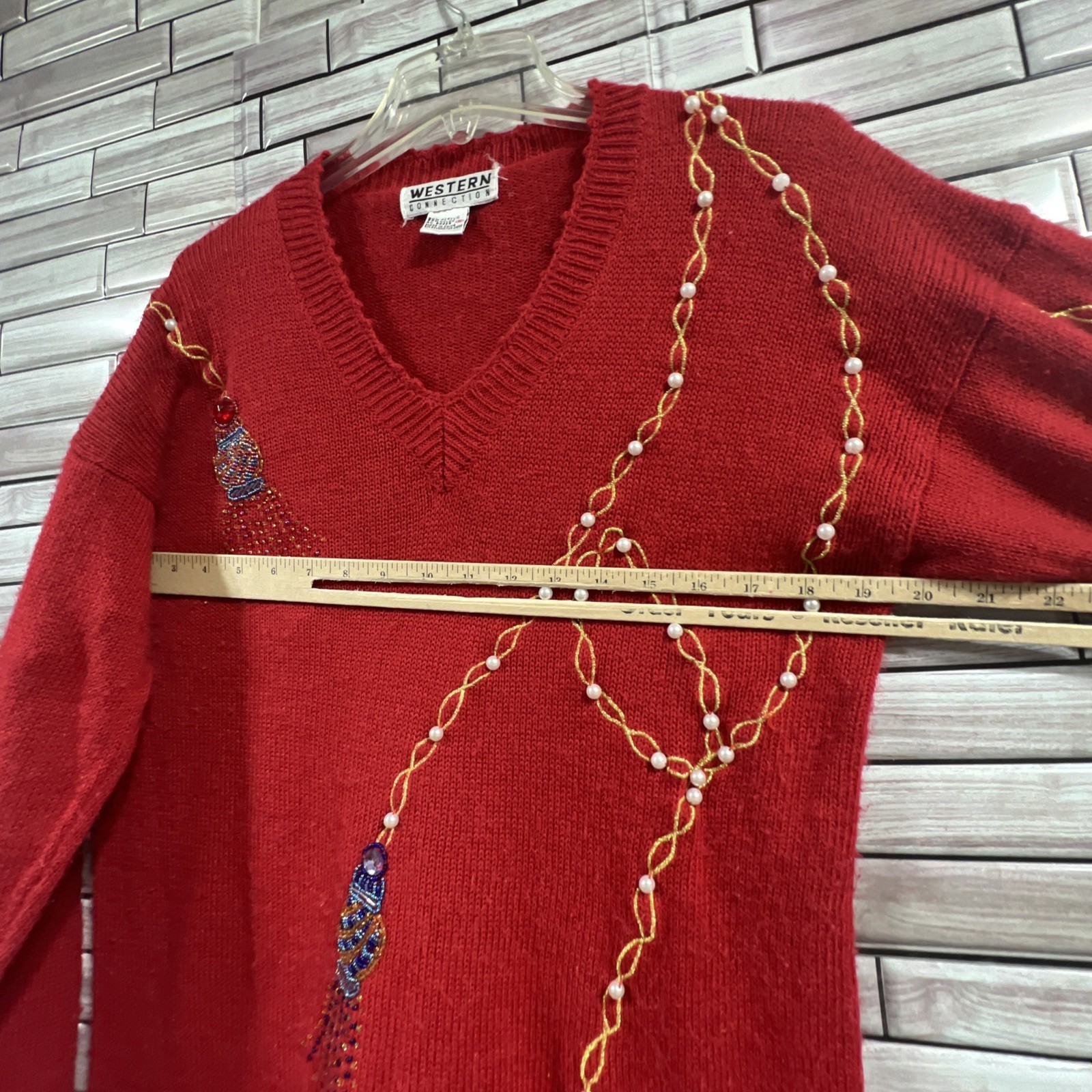 VTG Western Connection womens S tunic Sweater Red pearls beaded v neck 80s Retro