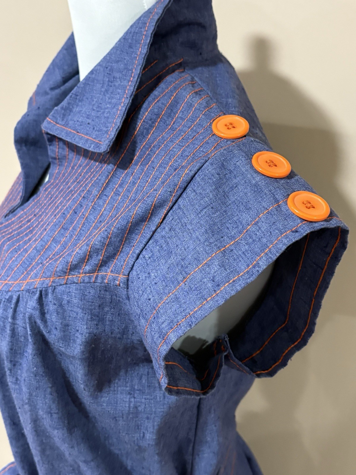 Vintage 70s Chambray Denim Mod Day Dress Mini Belted Pockets Contrast Stitch S