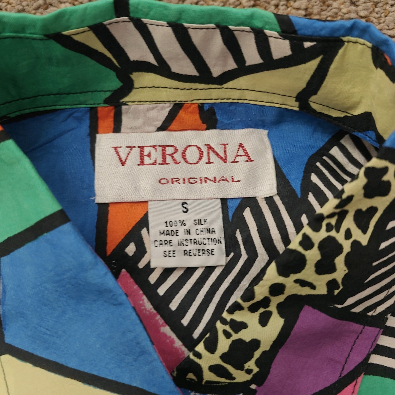 Verona Original Vintage 90s 100% Silk Abstract Geometric Short Sleeve Shirt S