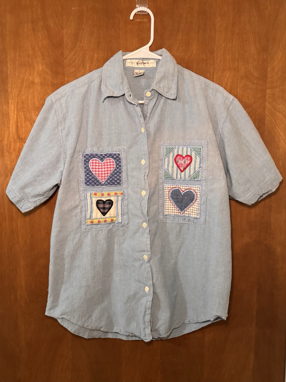 Vintage Kikomo Heart Patchwork Shirt Small Blue Cotton Chambray Cottagecore 90s