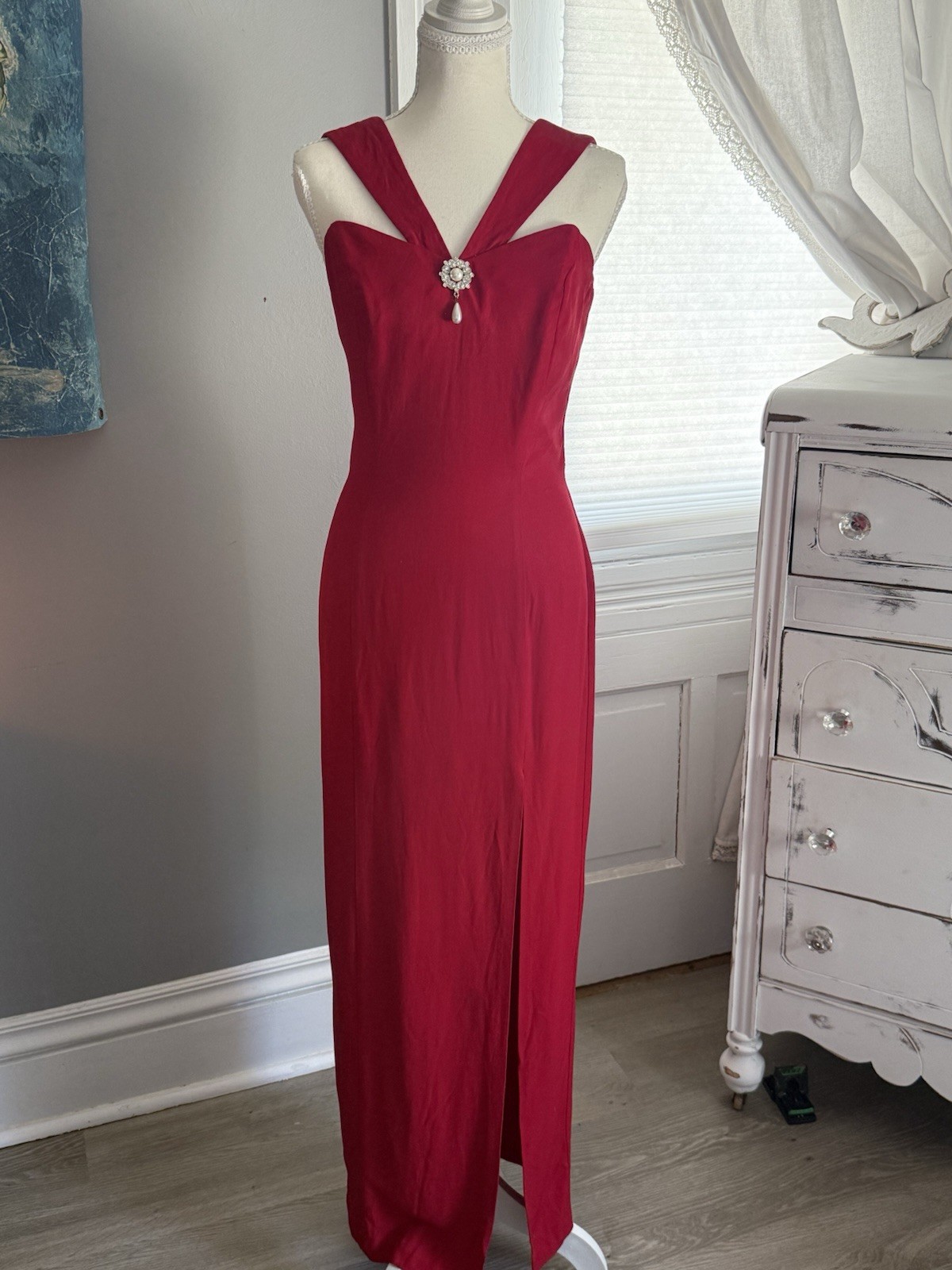 90s Vintage LA Glo Dress Gown Prom Party Cocktail Black Pencil Cutout Collar 7/8