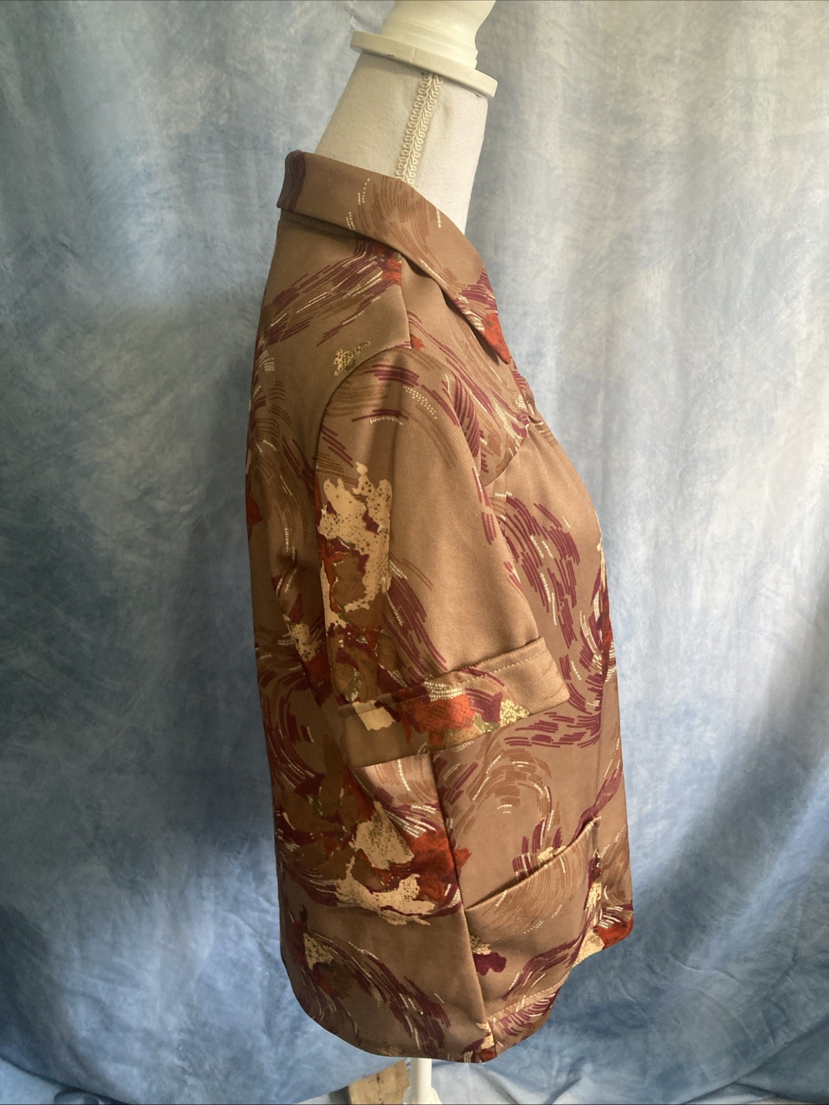 Vtg 70s Polyester Smock Blouse Top Abstract Earth Tone Disco Collar GUC Retro