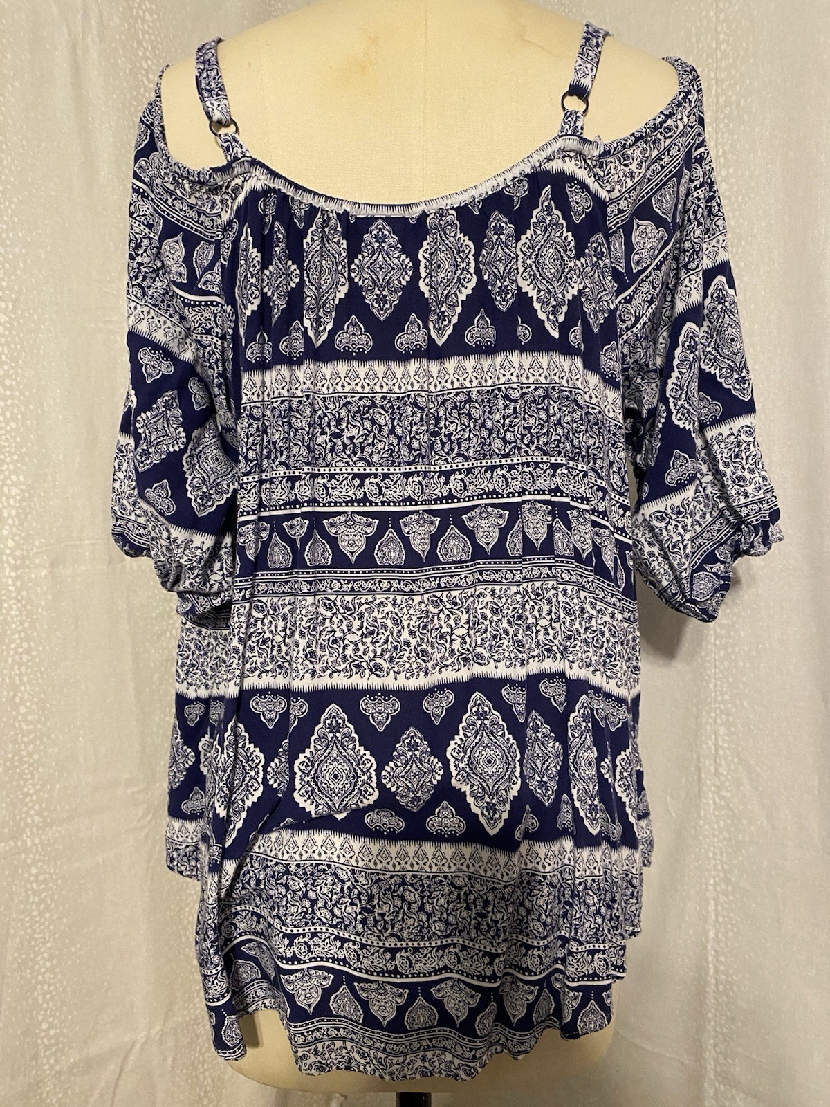 Women’s Rayon Bohemian Tunic Sz2 in blue & white w/open shoulder 3/4 sleeve