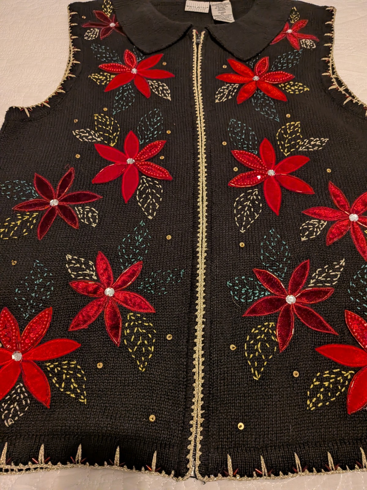 Green Gold Metallic Poinsettias Vest Fabric Panel Merry Christmas