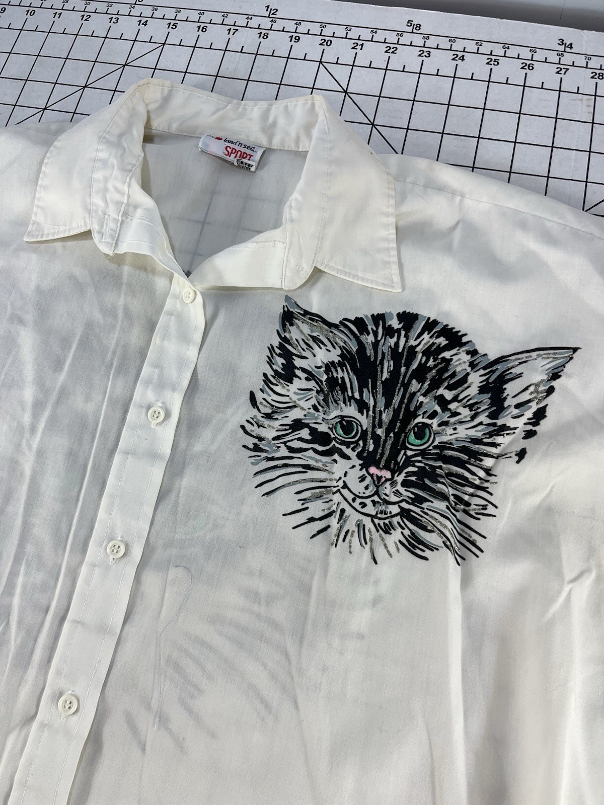 Vintage 80s 90s Kitten Cat Face Graphic Shirt White Oversized Dolman Sleeve L XL