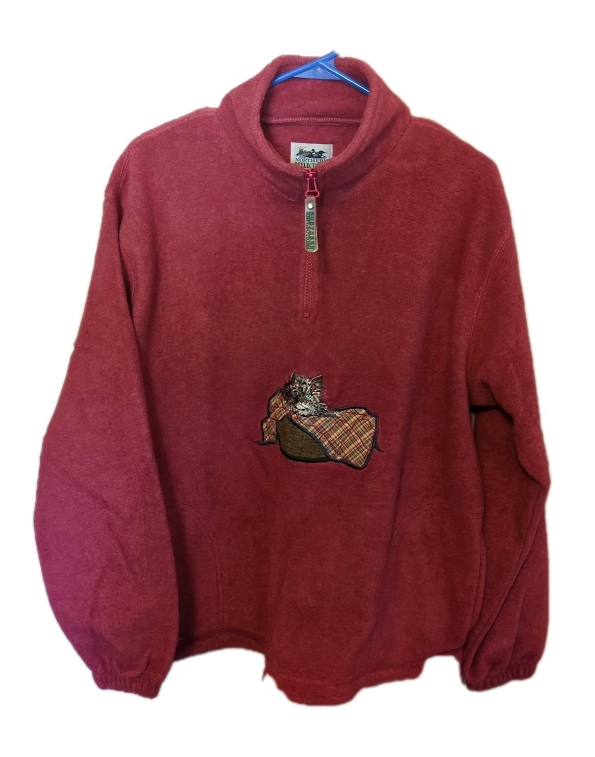Vtg Northern Reflections Grandmacore 1/4 Zip Fleece Sweater M Embroidered Cat
