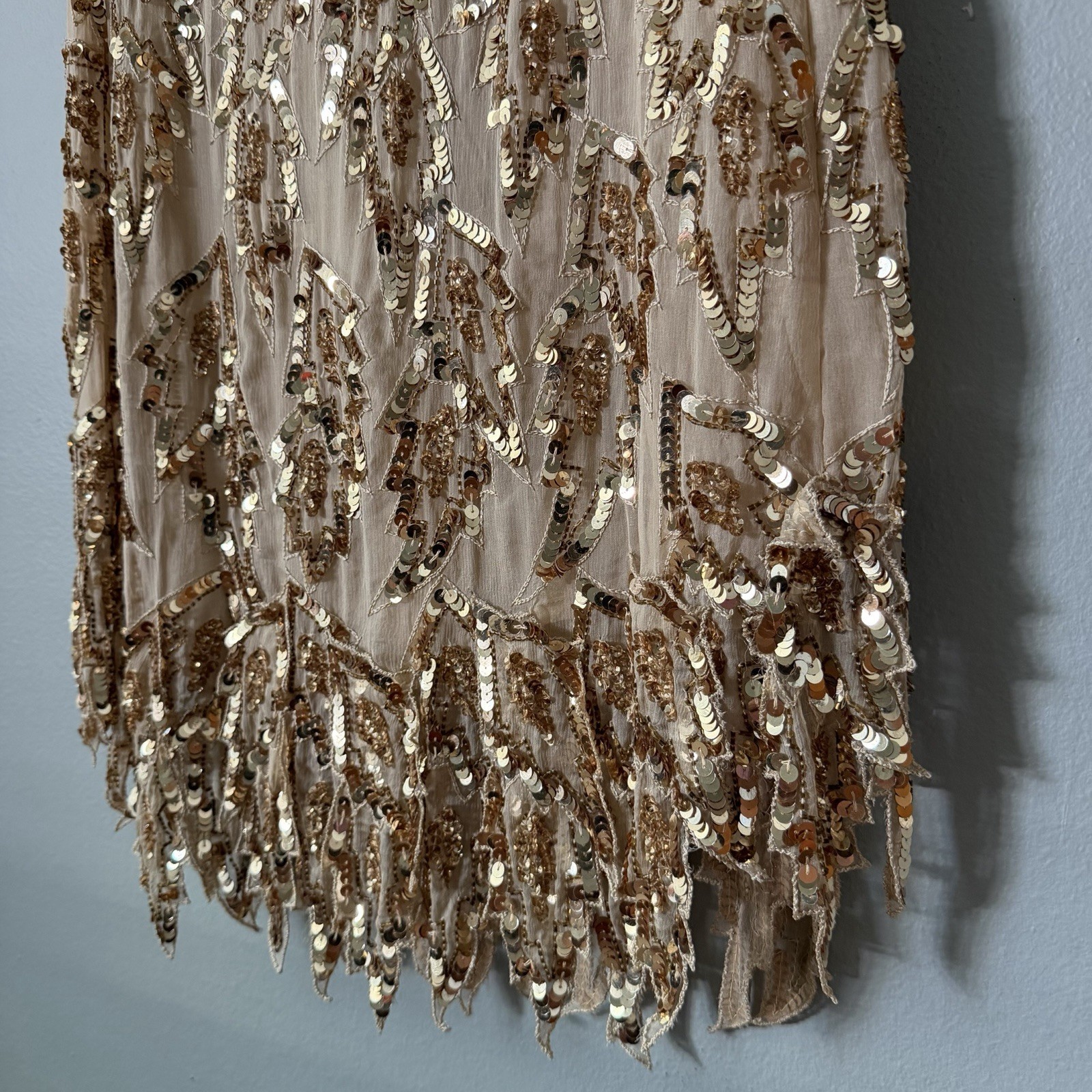 Vintage Scala Attributed 100% Silk Beaded Sequin Cocktail Dress M Champagne Gold