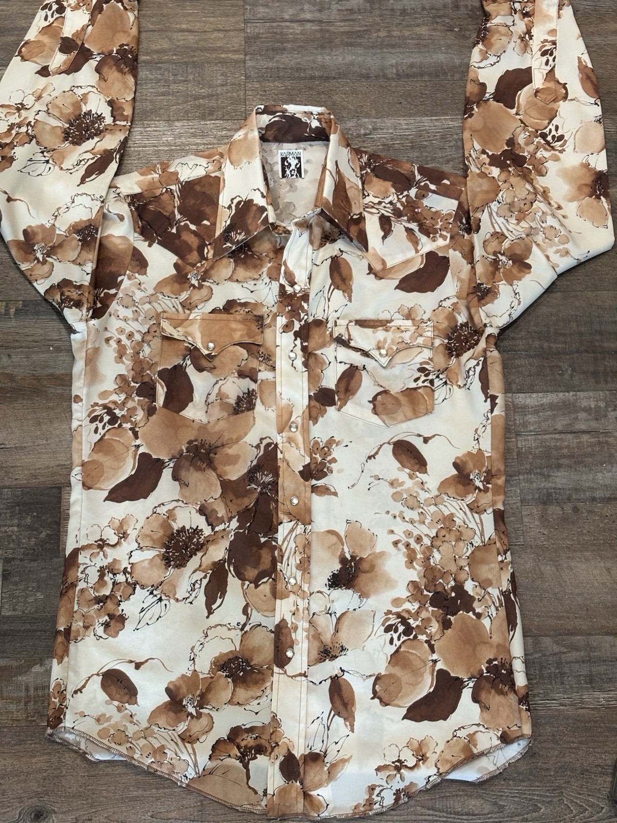 Vintage Women’s Karman Pearl Snap Button Long Sleeve Brown Floral Shirt Sz Lrg?