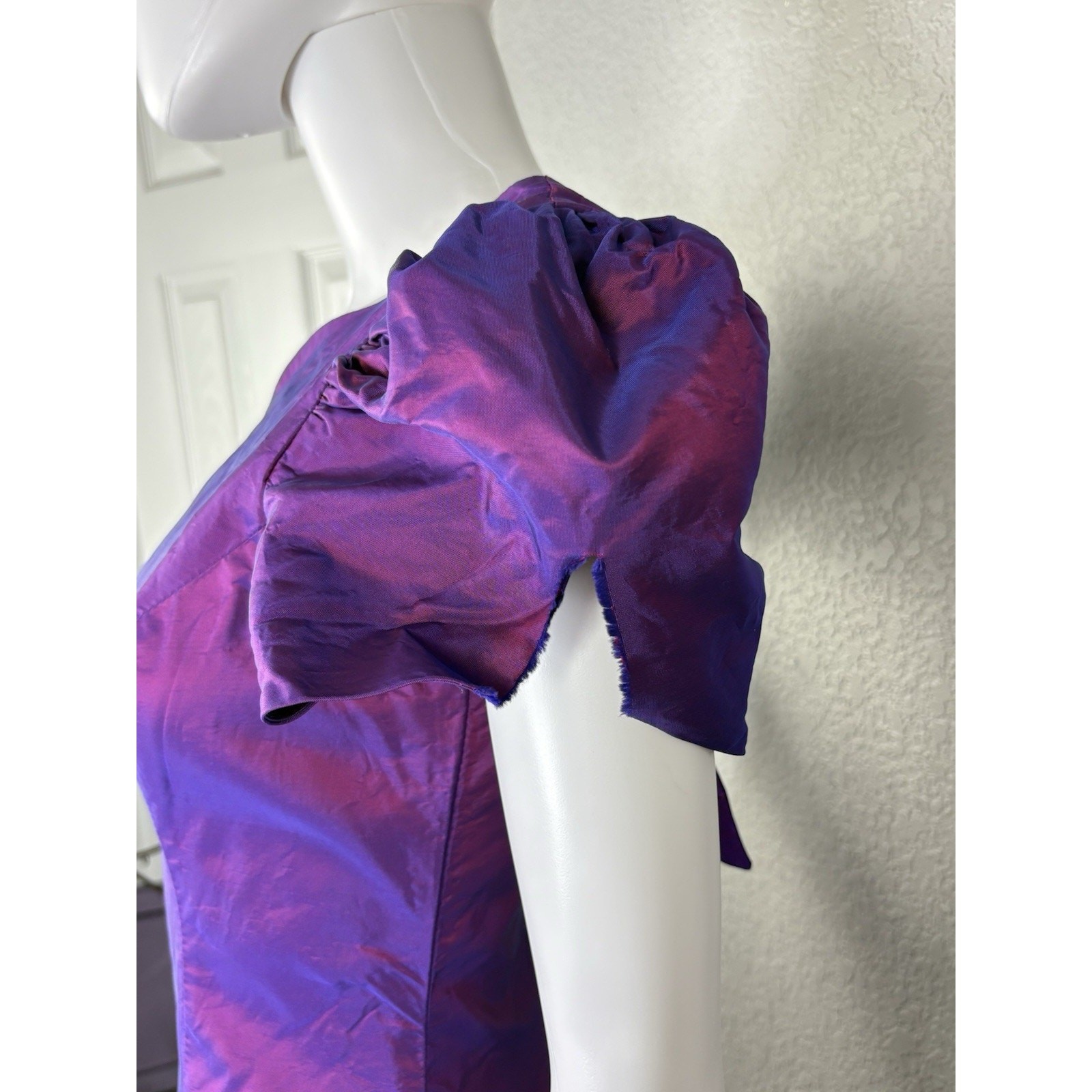 Vintage 80s Alfred Angelo Midi Dress Puff Slv Iridescent Purple Taffeta Prom S