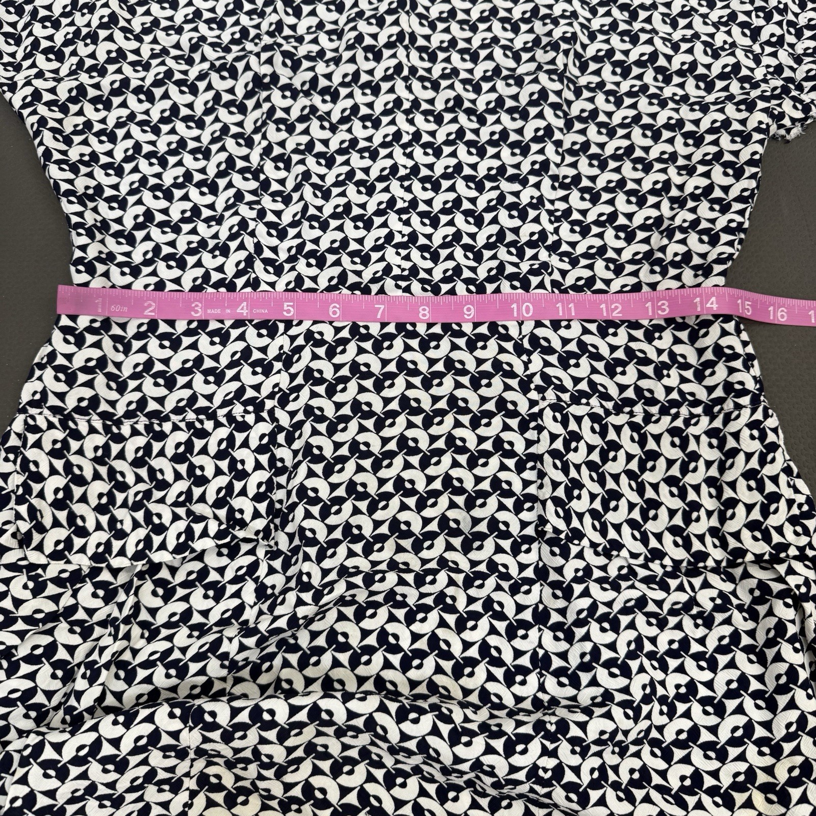 Vintage 70’s Womens Midi Dress Geometric Print Navy & White V-Neck *READ