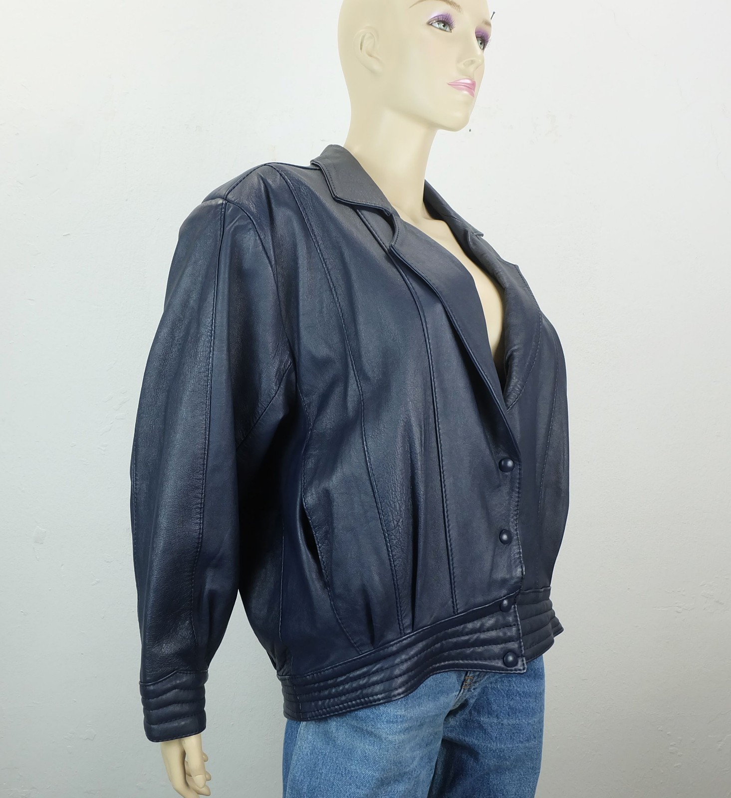 80s true vintage LEATHER JACKET blue oversized cut wide sleeves size S/M