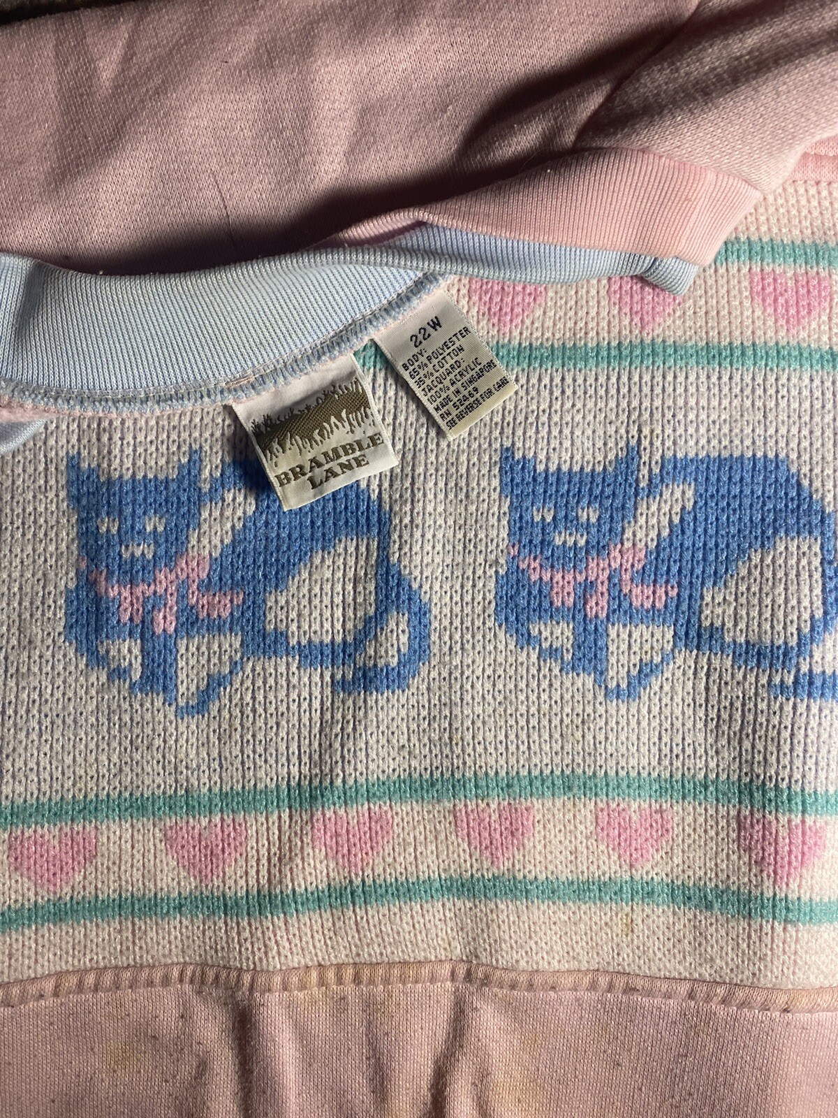 Vintage 90s Bramble Lane Pink Cat Kitten Hearts Grandma Ugly Sweatshirt Size 22W