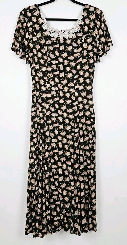 Vintage 80s/ 90s Marnie West Floral Midi Dress Lace Scoop Neck Shoulder Pads 13