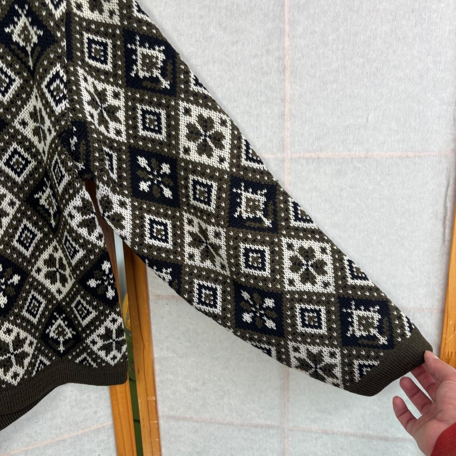 Vintage Jersild Virgin Wool Fair Isle Cardigan Sweater Olive Green Geometric L
