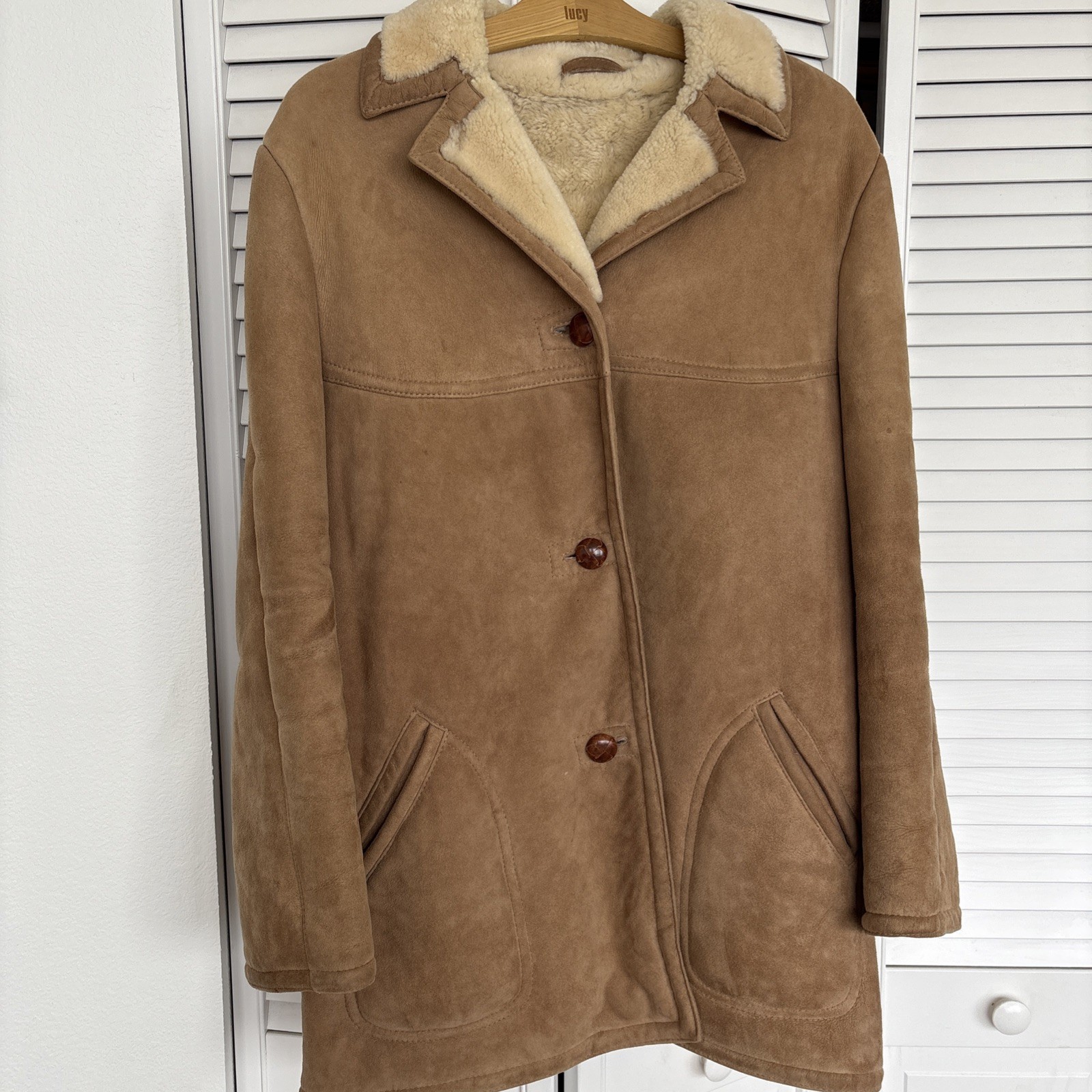 Sawyer Of Napa Suede Spring Lamb Sheepskin Shearling Western Heavy Coat Vtg Sz M
