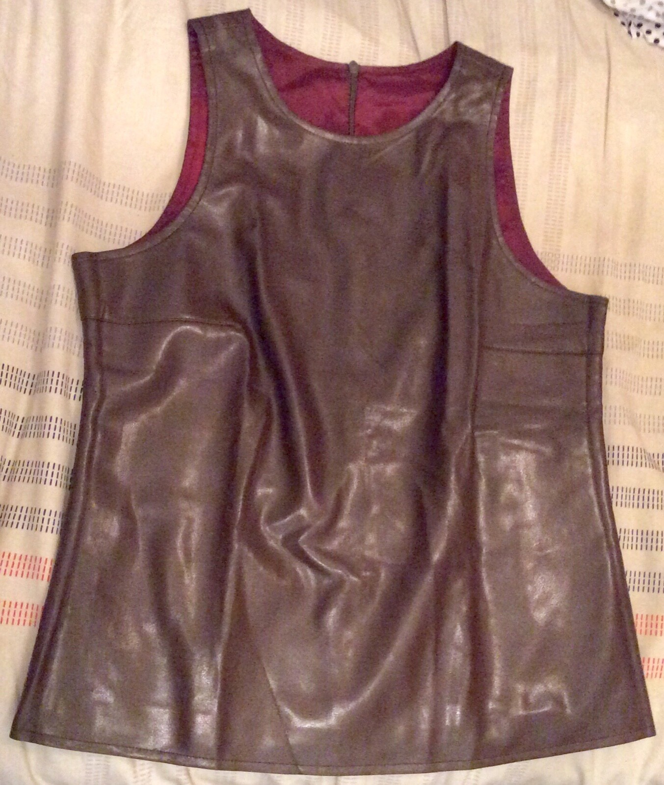 Vintage Chocolate Brown Vinyl Sleeveless Top with Red Satin Lining No Tags