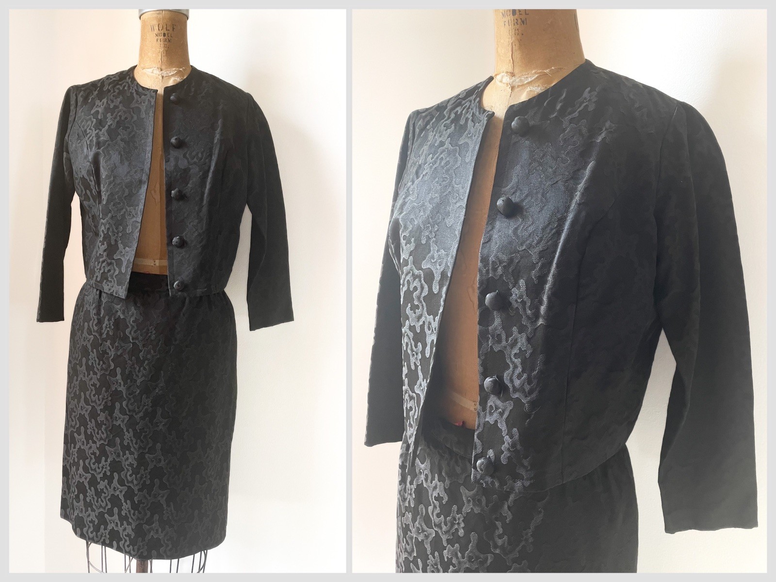 True Vintage 1950’s Stanton Jrs Petite Skirt Suit Black Jacquard Silk XS Petite
