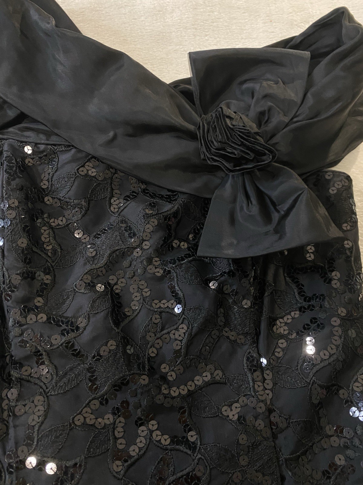 VTG 80 Jessica McClintock Gunne Sax Black Sequin Party Dress 13 Bow Off Shoulder