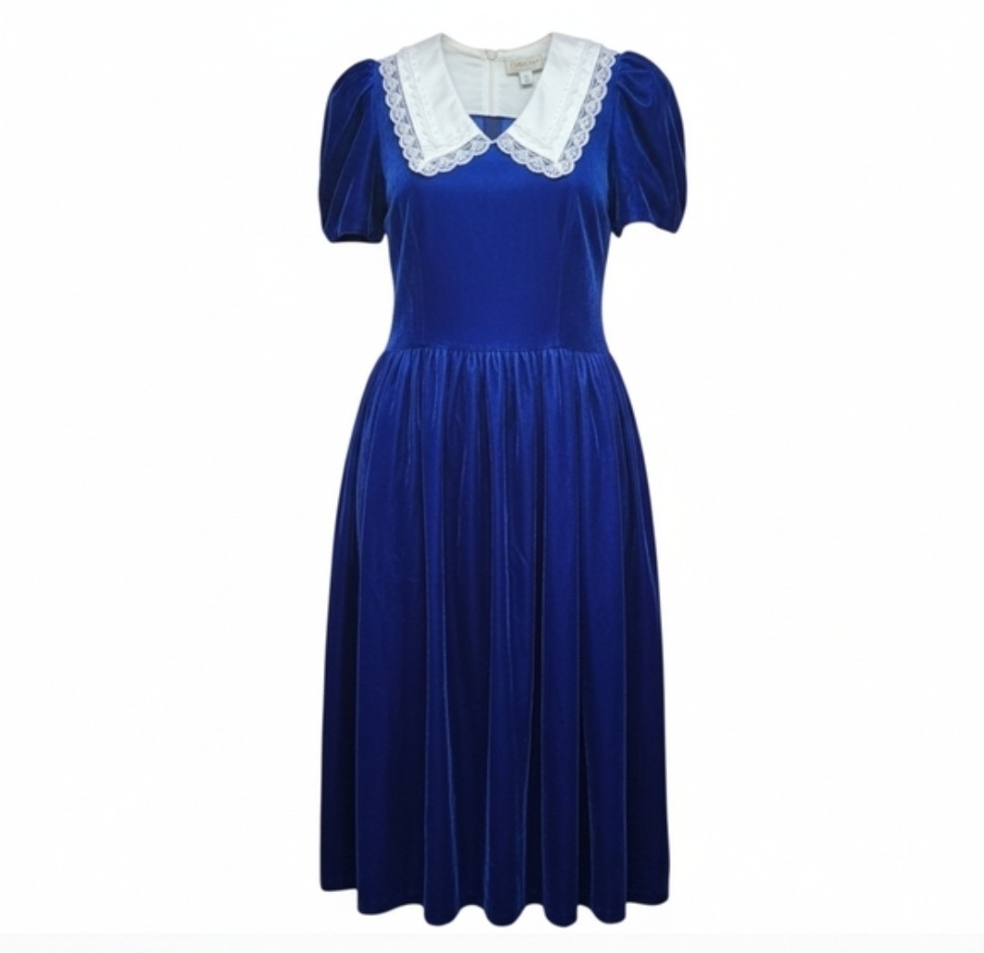 Vintage Gunne Sax By Jessica McClintock 70’s 80’s Dress Blue Velvet Size Small 5
