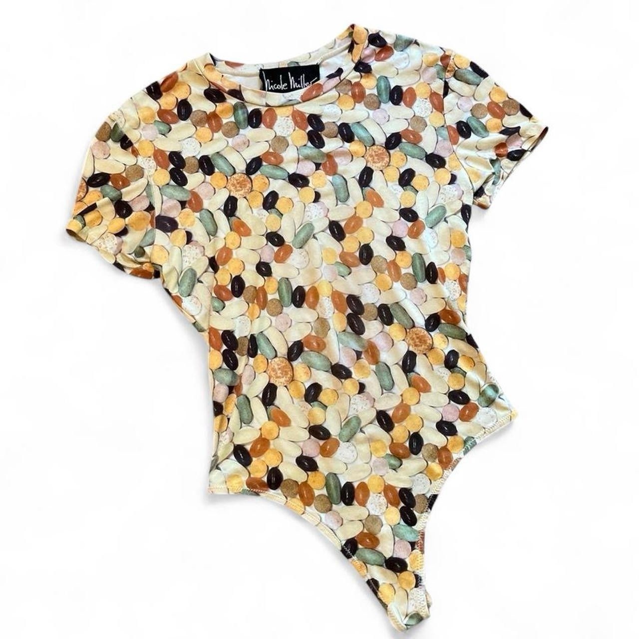 NICOLE MILLER • 1990s RARE VINTAGE GRUNGE STRETCHY VITAMIN PHOTO PRINT BODYSUIT