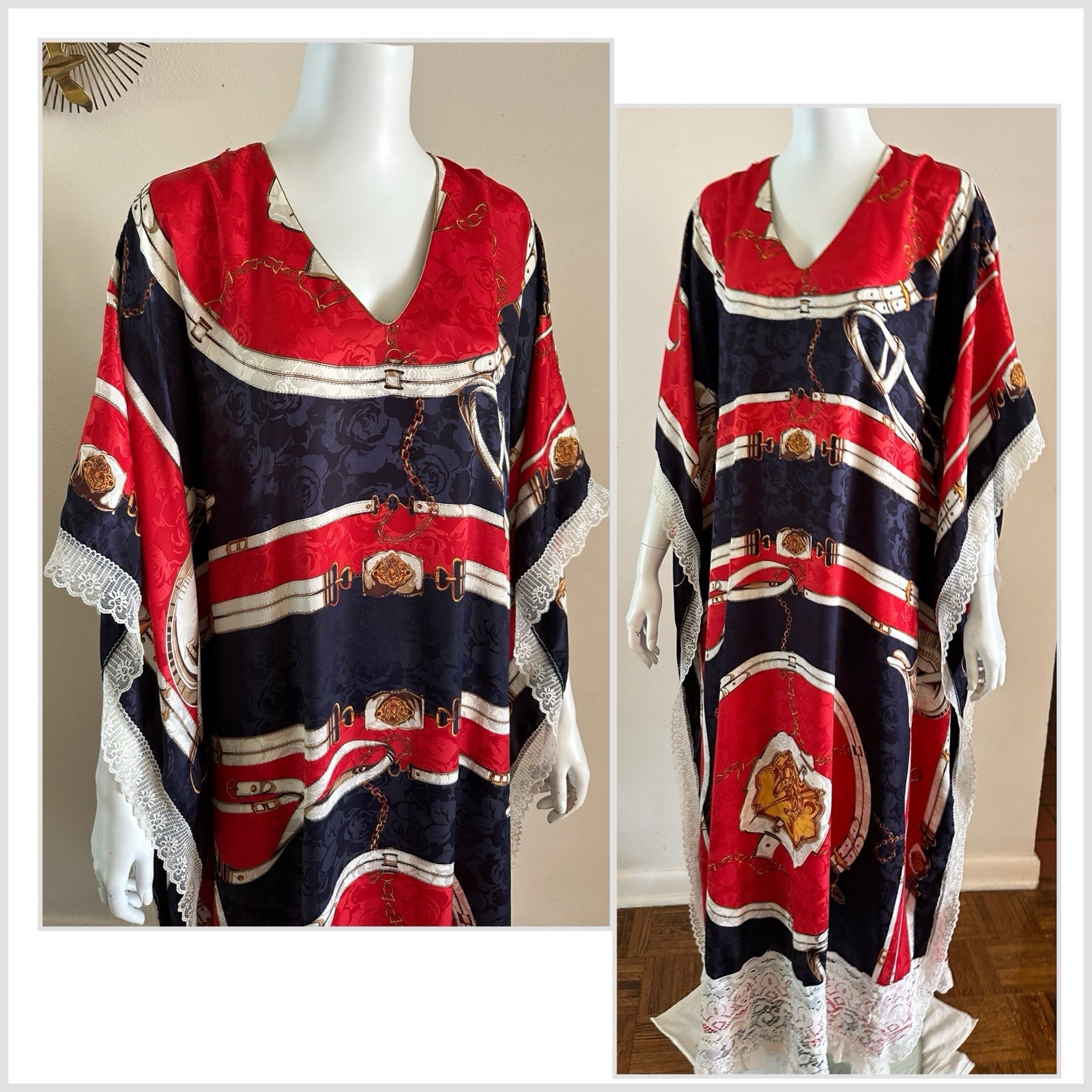 1970s Equestrian Scarf Print Caftan Dress Red Navy Gold Maxi Boho Resort Vintage