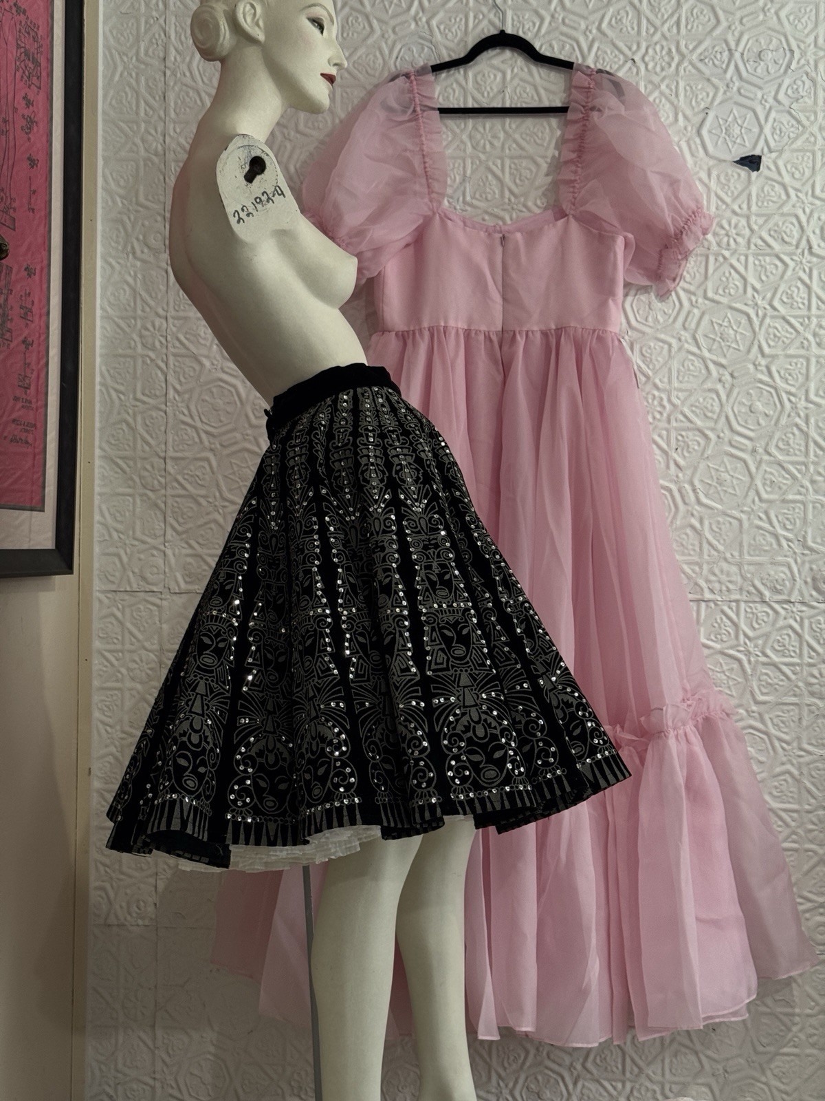 Vintage Velvet black circle skirt-Hand painted-Sequin-1950s-Skate-Silver-Deity-M