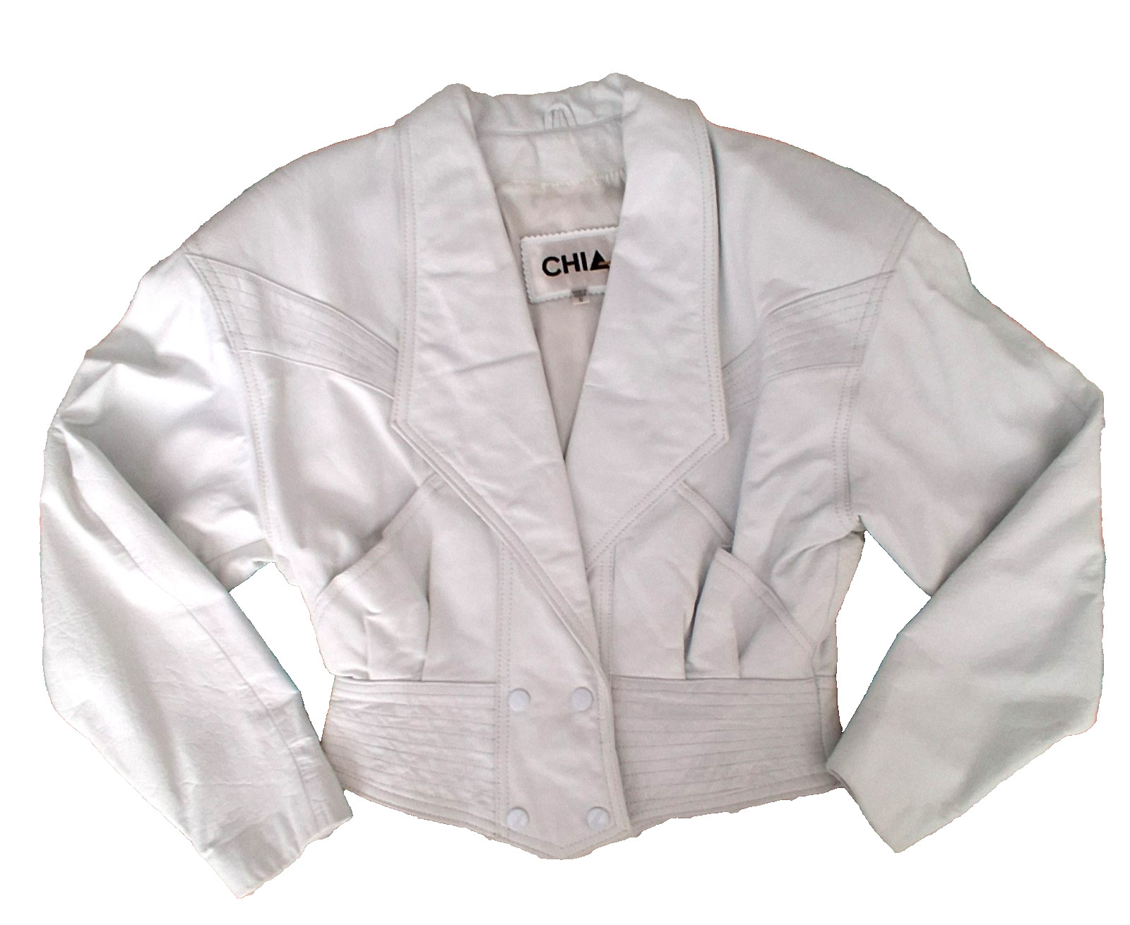 VTG Chia 80s 90s White Leather Jacket Womens Small Yoked Snap Waist Coat 3D Moto
