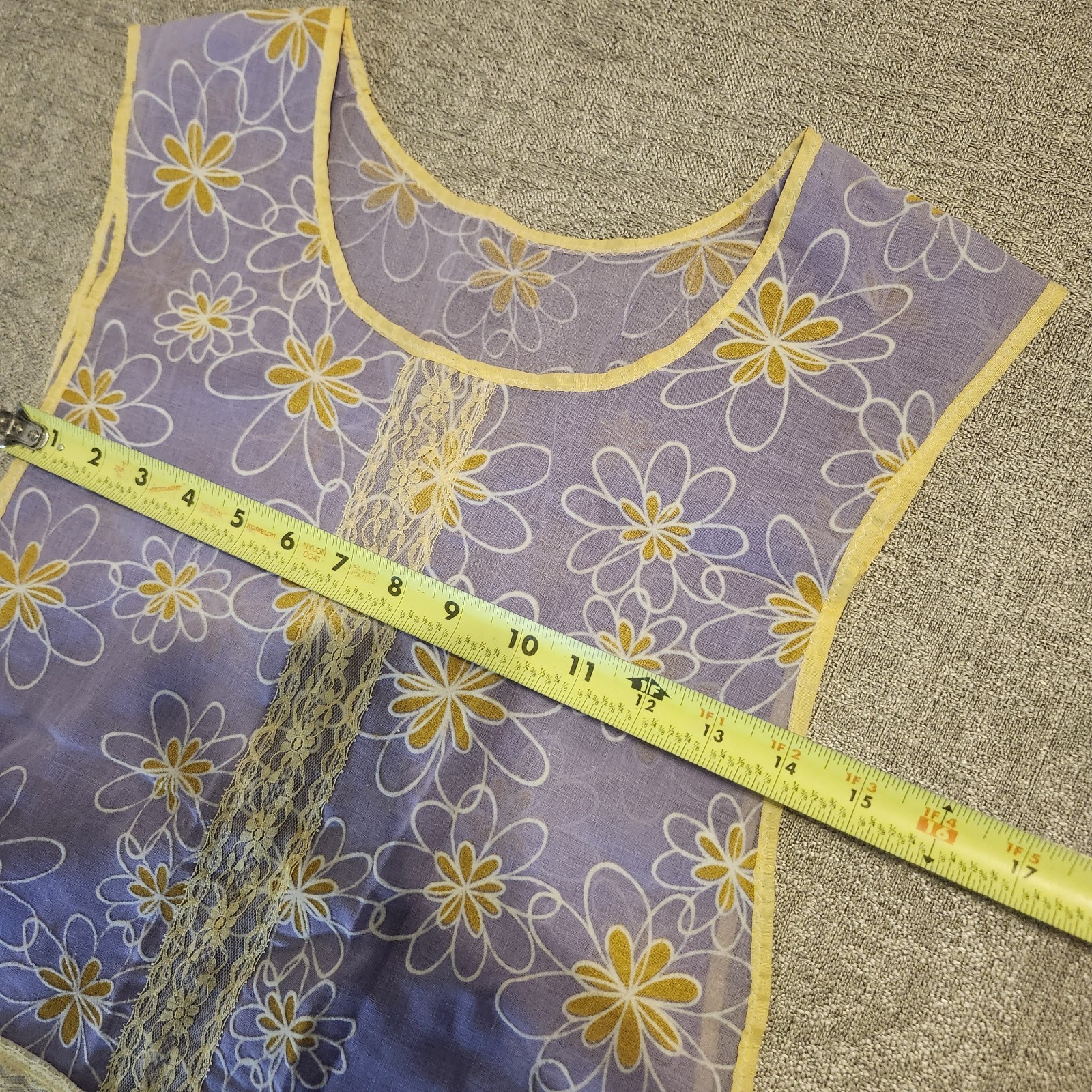 Vintage Sheer Cobbler Apron Smock w/ Pockets & Ties Lavender Yellow Floral Lace