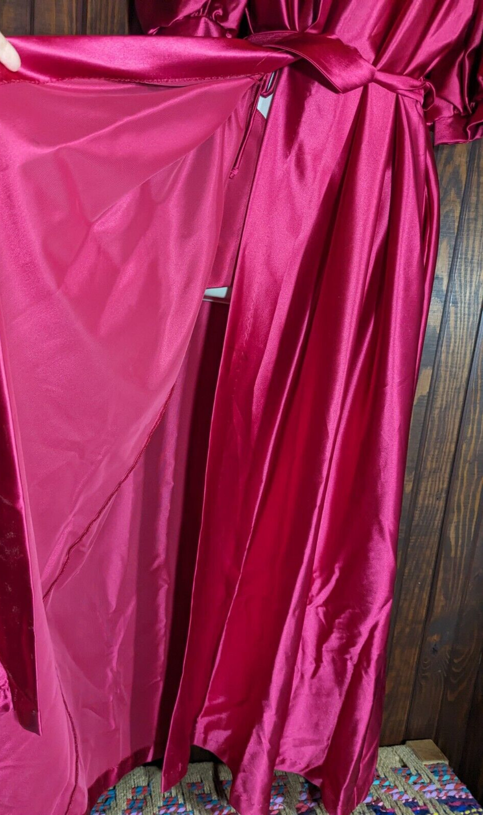 MISS ELAINE VTG 80Ss Rose Pink Satin Long Robe Puffy Sleeves Wrap Belt MED