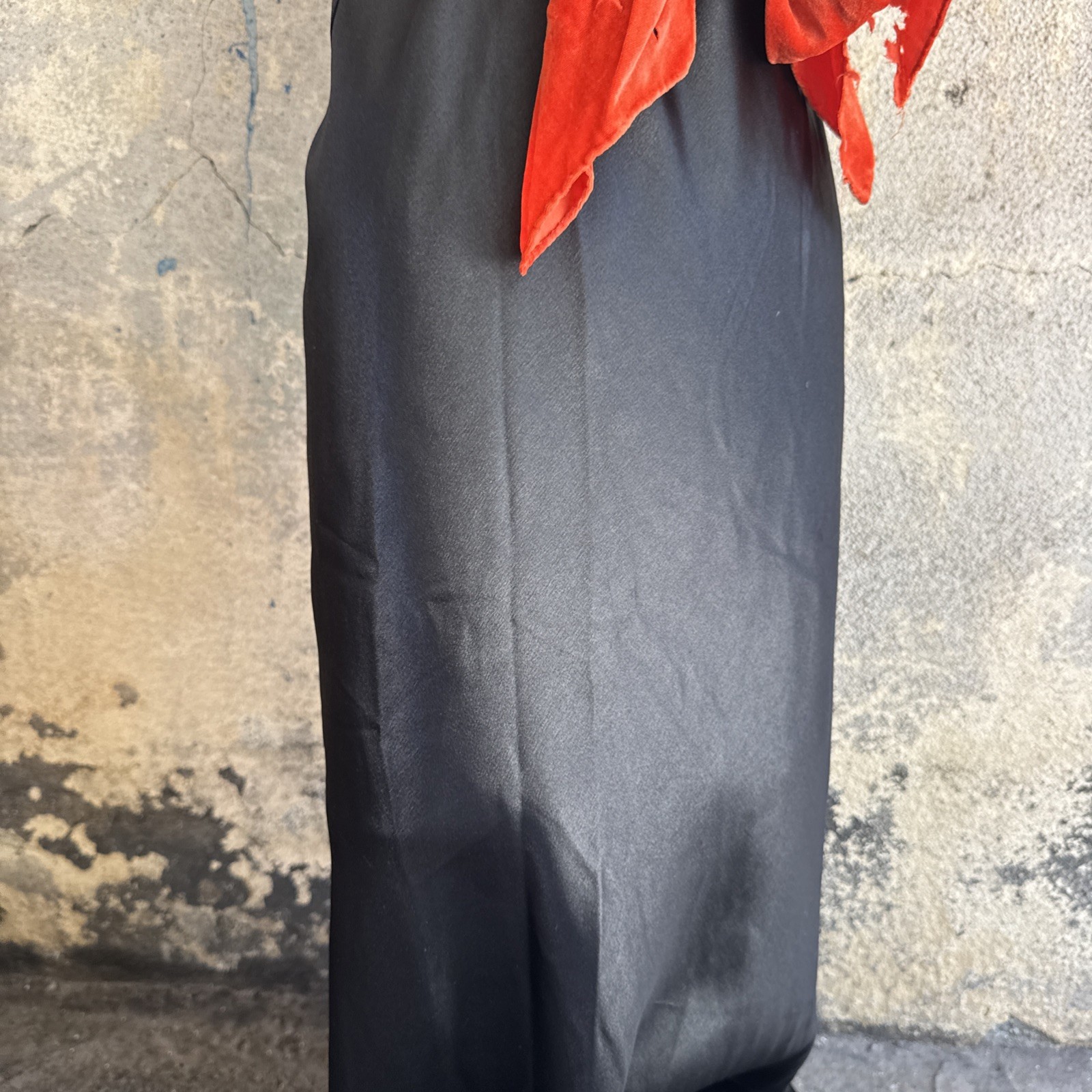 Vintage 1930s Black Silk Satin Dress Orange Silk Velvet Bow Wrap Lace Trim Bias