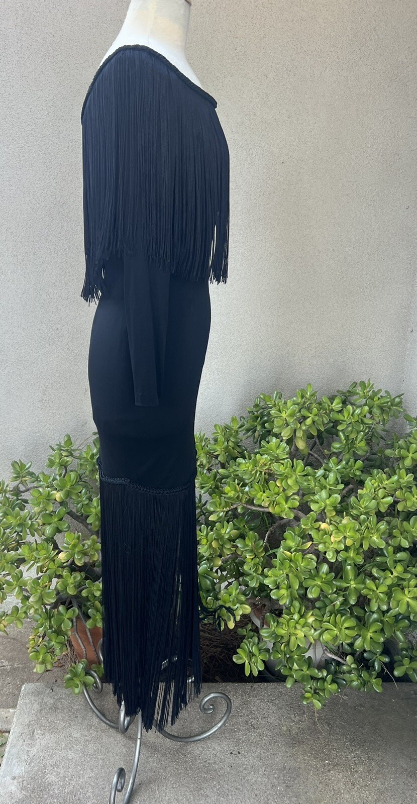 Vtg Maxi Dress Black Long Fringe Jersey Sz 8 Small By Jill Richards